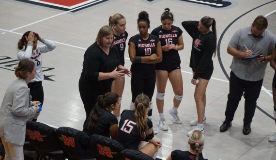 Thumbnail for Early first-set lead fails to hold up as Nicholls volleyball team swept in three games by McNeese